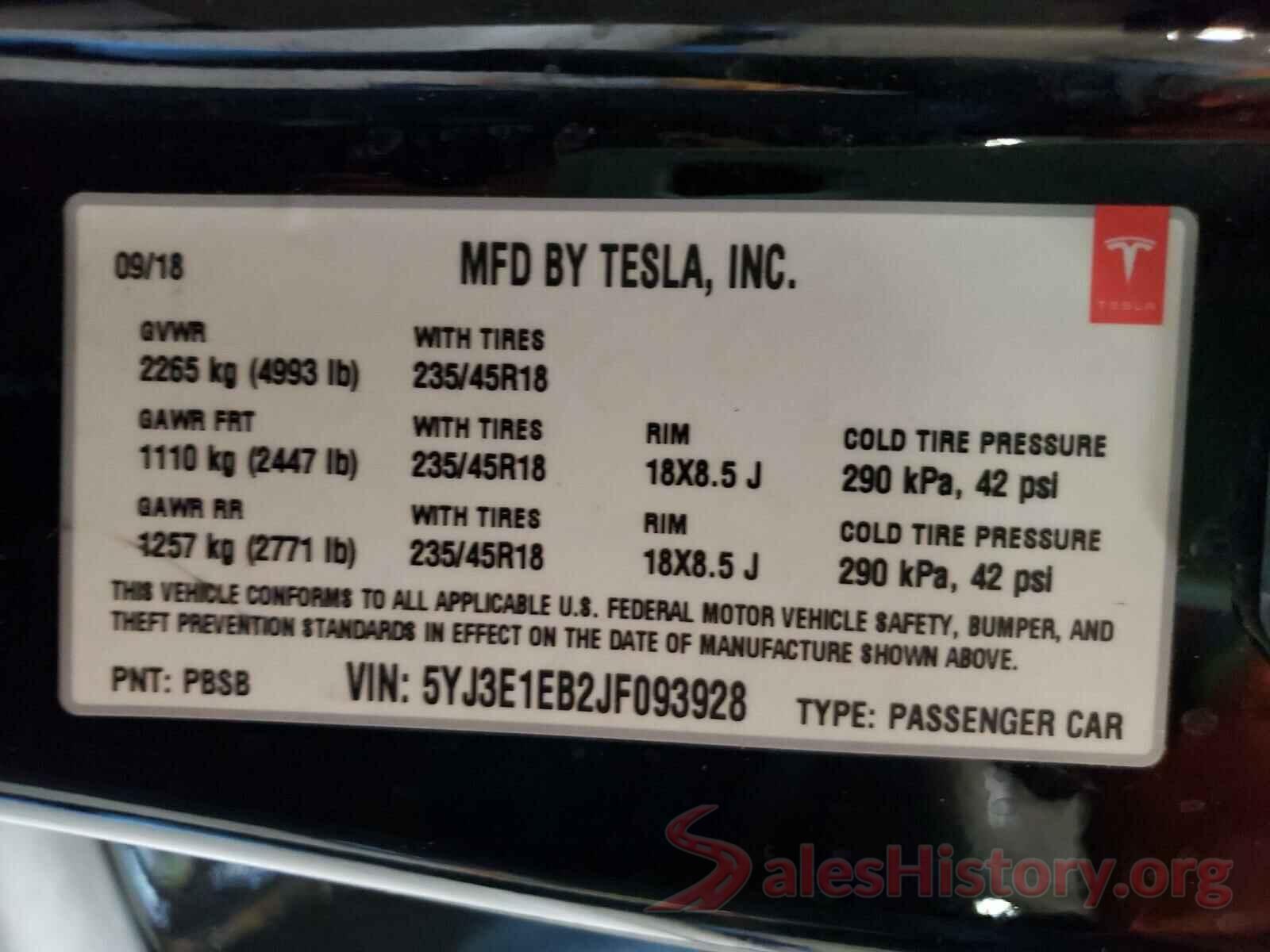 5YJ3E1EB2JF093928 2018 TESLA MODEL 3