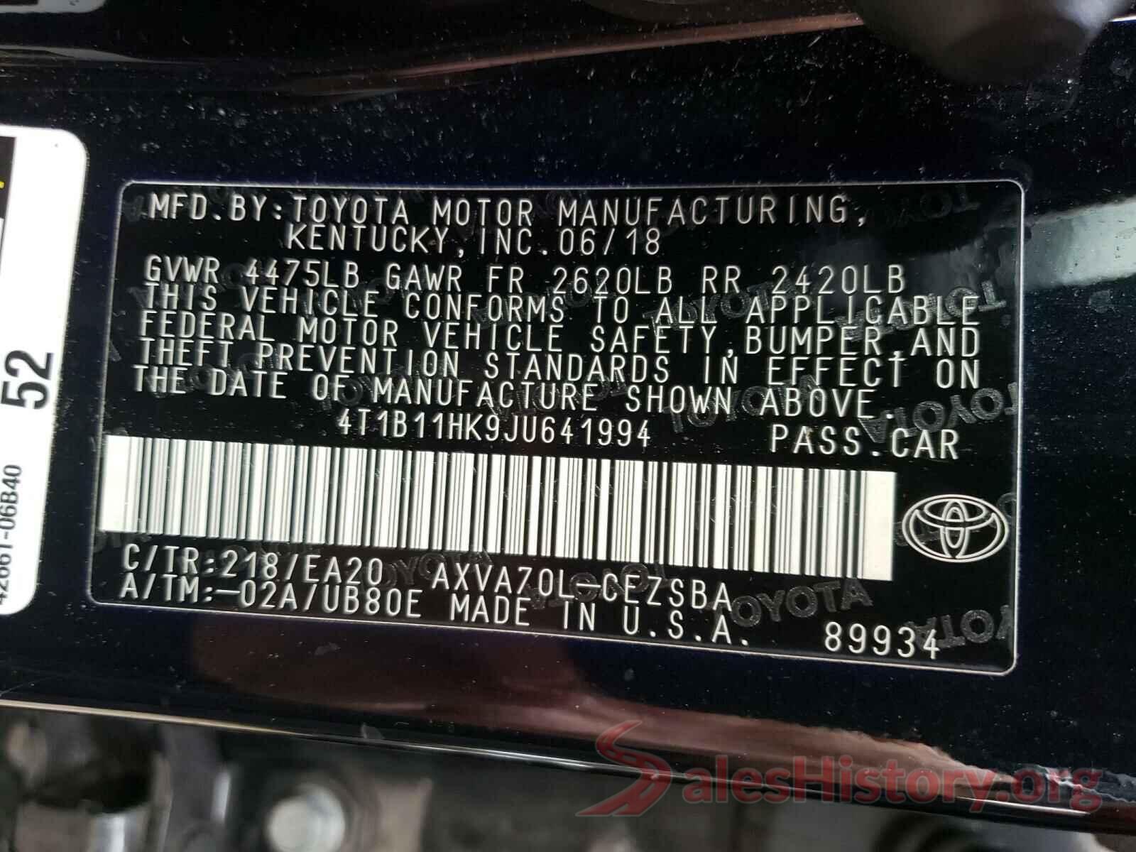 4T1B11HK9JU641994 2018 TOYOTA CAMRY