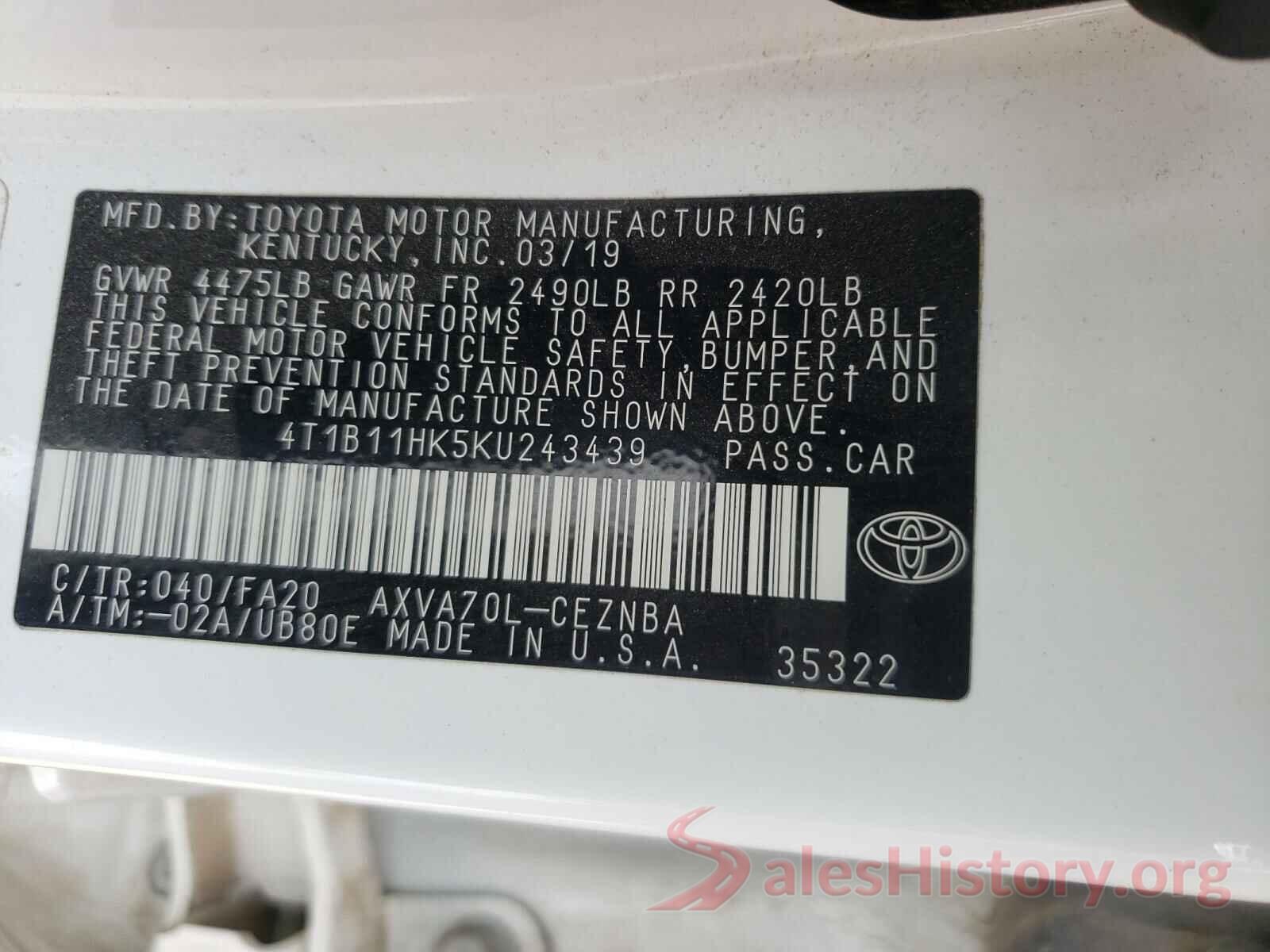 4T1B11HK5KU243439 2019 TOYOTA CAMRY