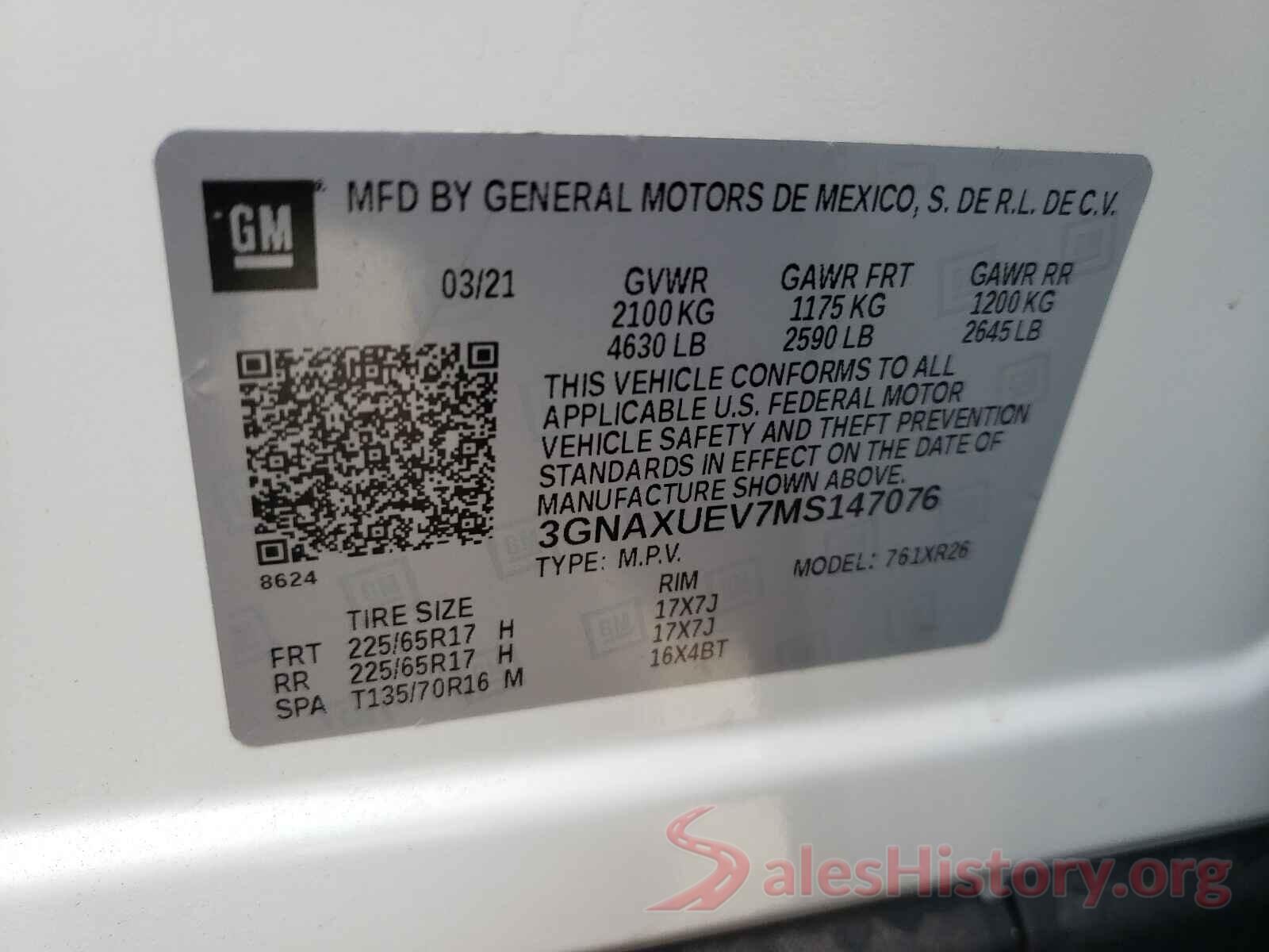 3GNAXUEV7MS147076 2021 CHEVROLET EQUINOX