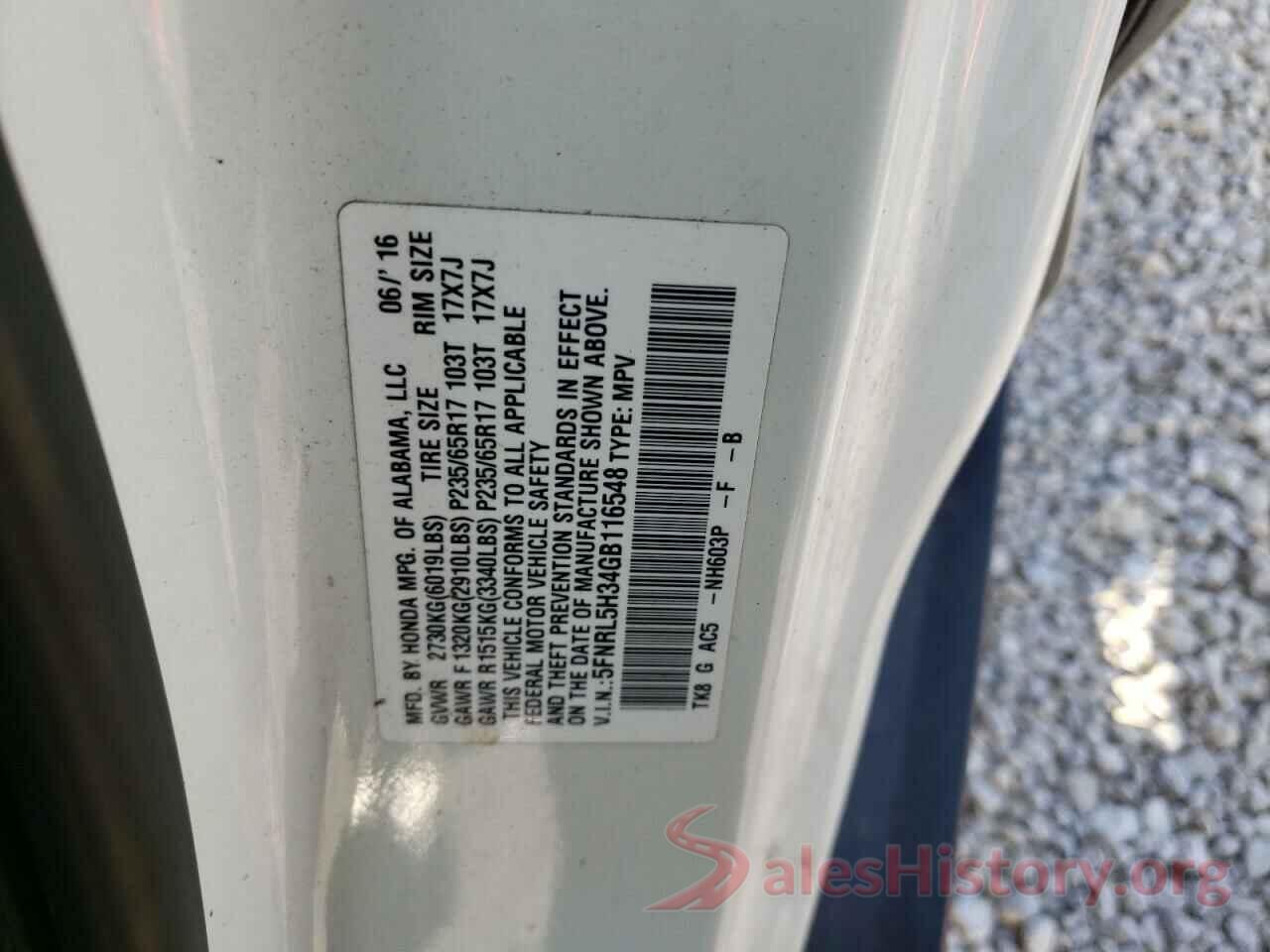 5FNRL5H34GB116548 2016 HONDA ODYSSEY