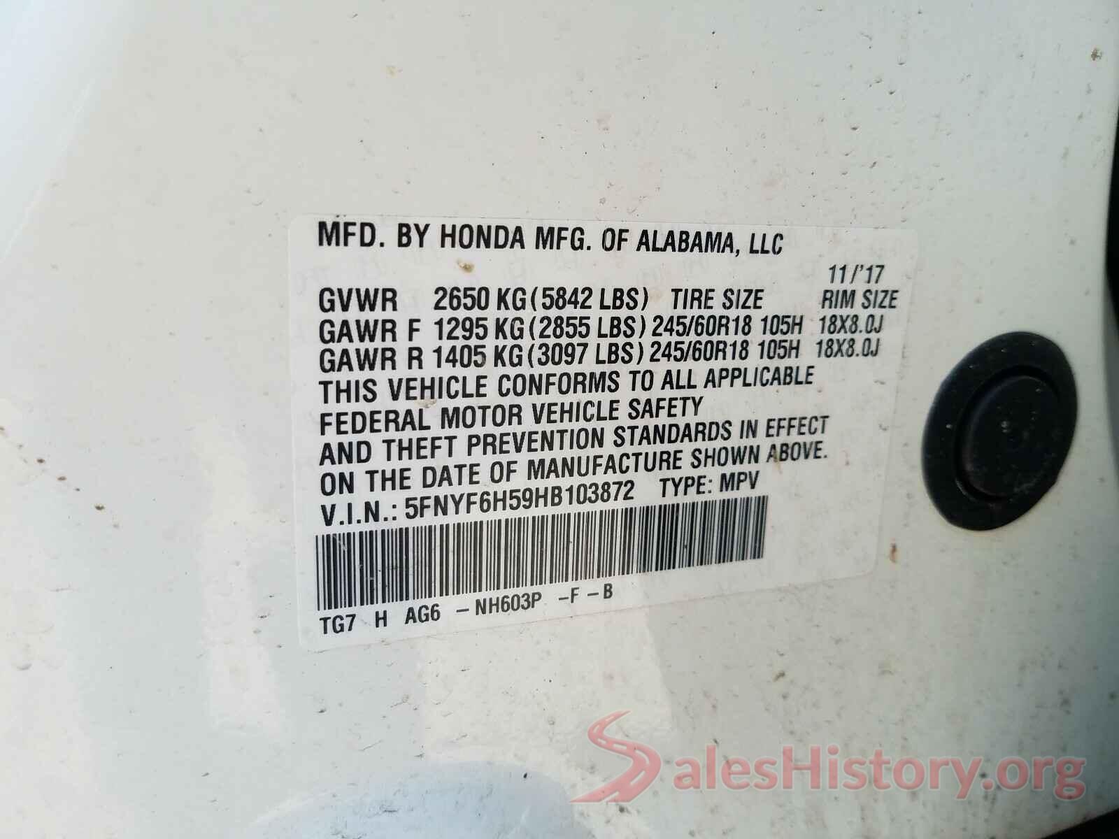 5FNYF6H59HB103872 2017 HONDA PILOT