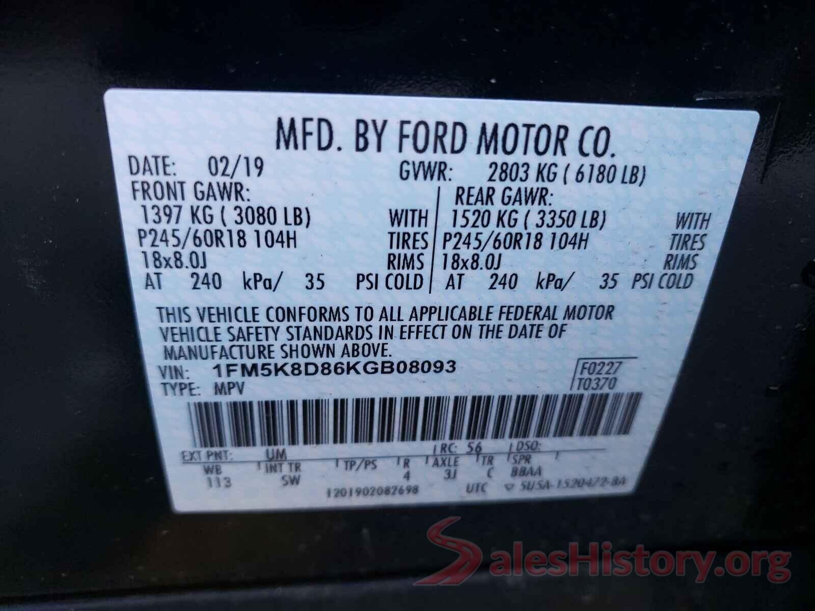 1FM5K8D86KGB08093 2019 FORD EXPLORER