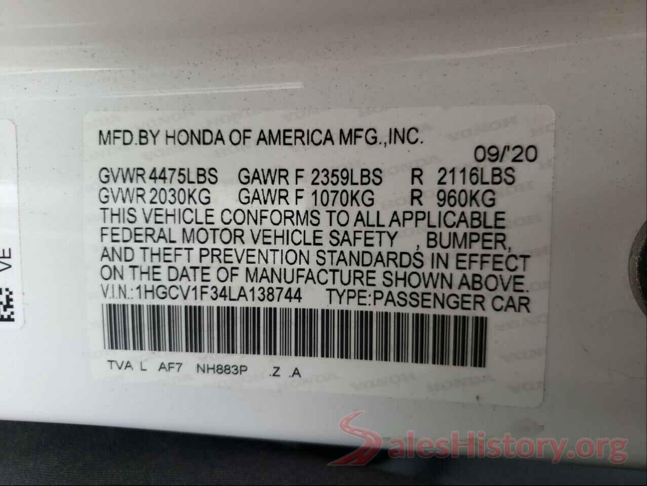 1HGCV1F34LA138744 2020 HONDA ACCORD