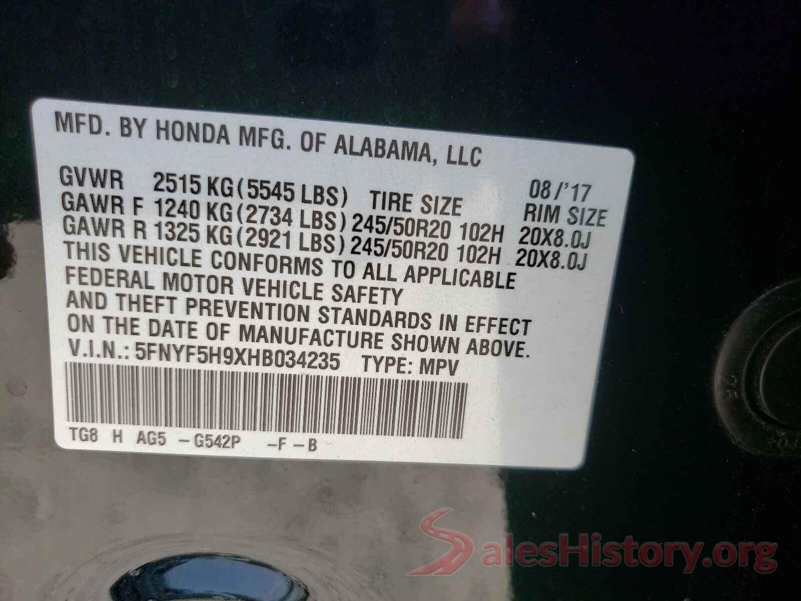 5FNYF5H9XHB034235 2017 HONDA PILOT