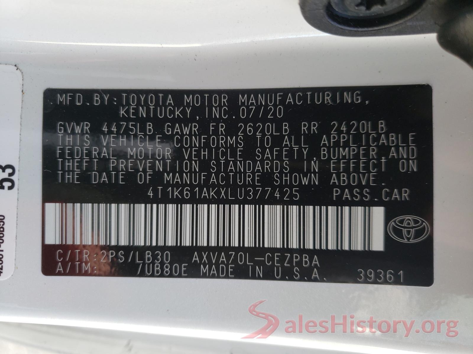 4T1K61AKXLU377425 2020 TOYOTA CAMRY