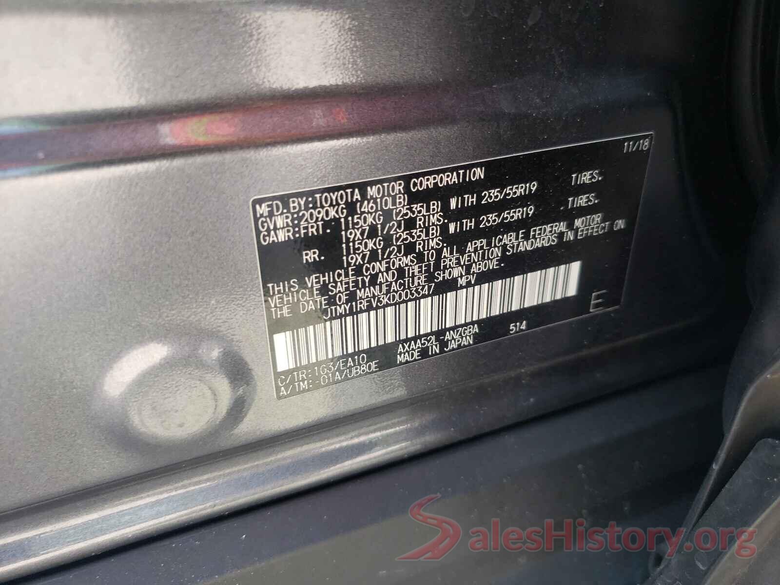 JTMY1RFV3KD003347 2019 TOYOTA RAV4