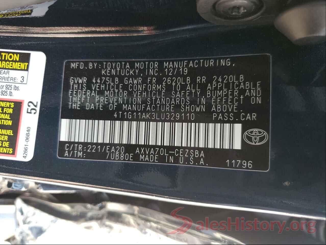 4T1G11AK3LU329110 2020 TOYOTA CAMRY