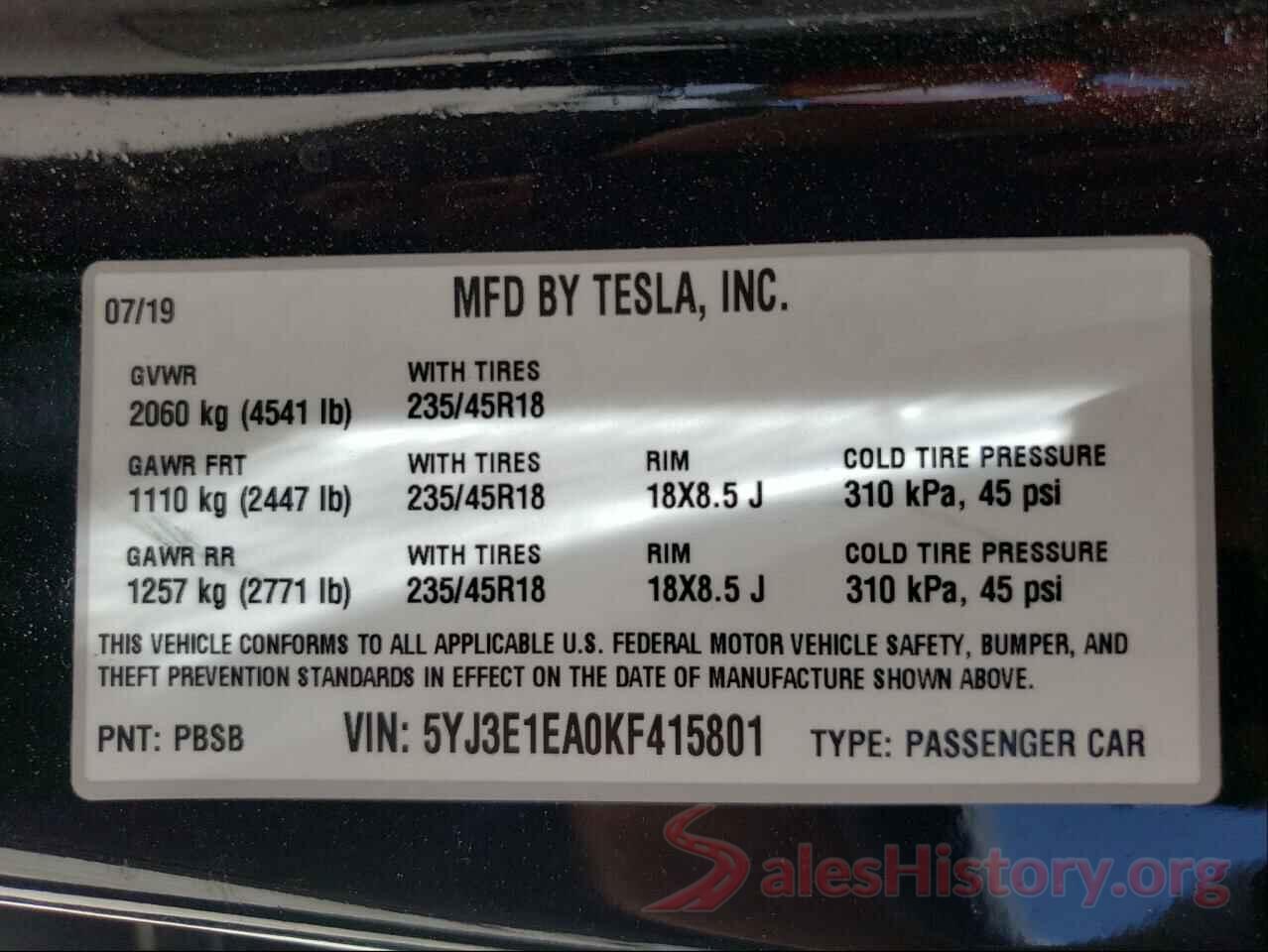 5YJ3E1EA0KF415801 2019 TESLA MODEL 3