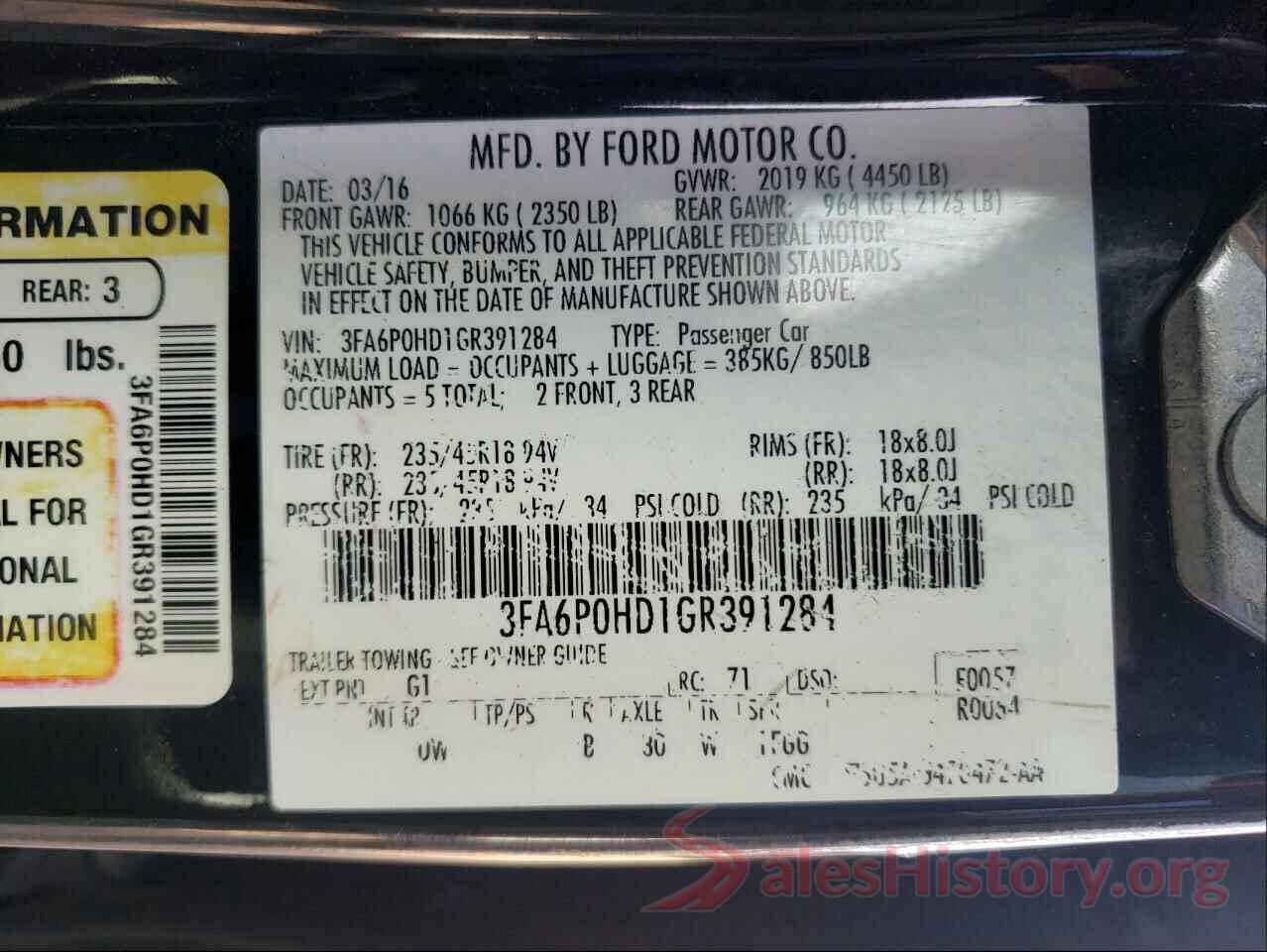 3FA6P0HD1GR391284 2016 FORD FUSION