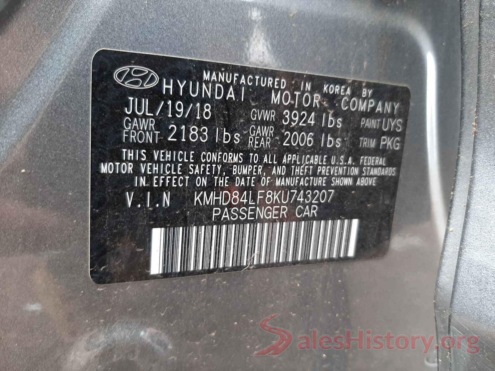 KMHD84LF8KU743207 2019 HYUNDAI ELANTRA