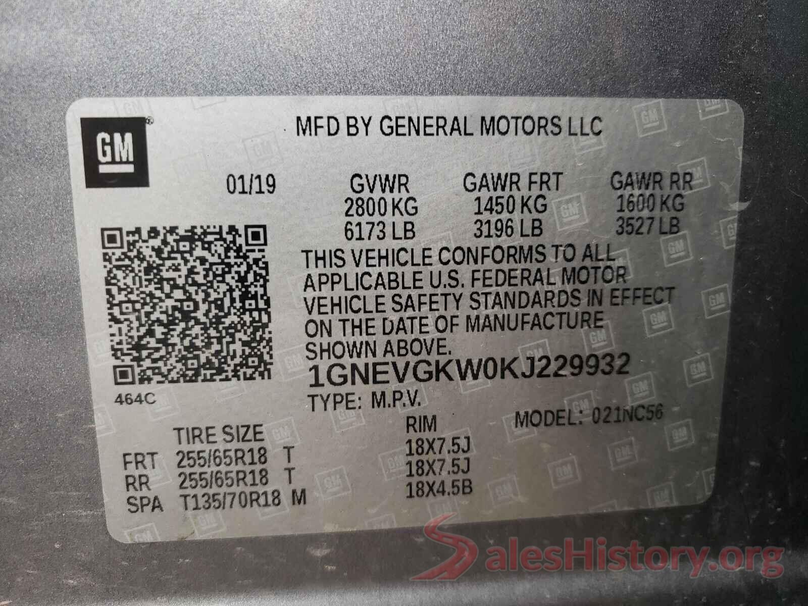 1GNEVGKW0KJ229932 2019 CHEVROLET TRAVERSE