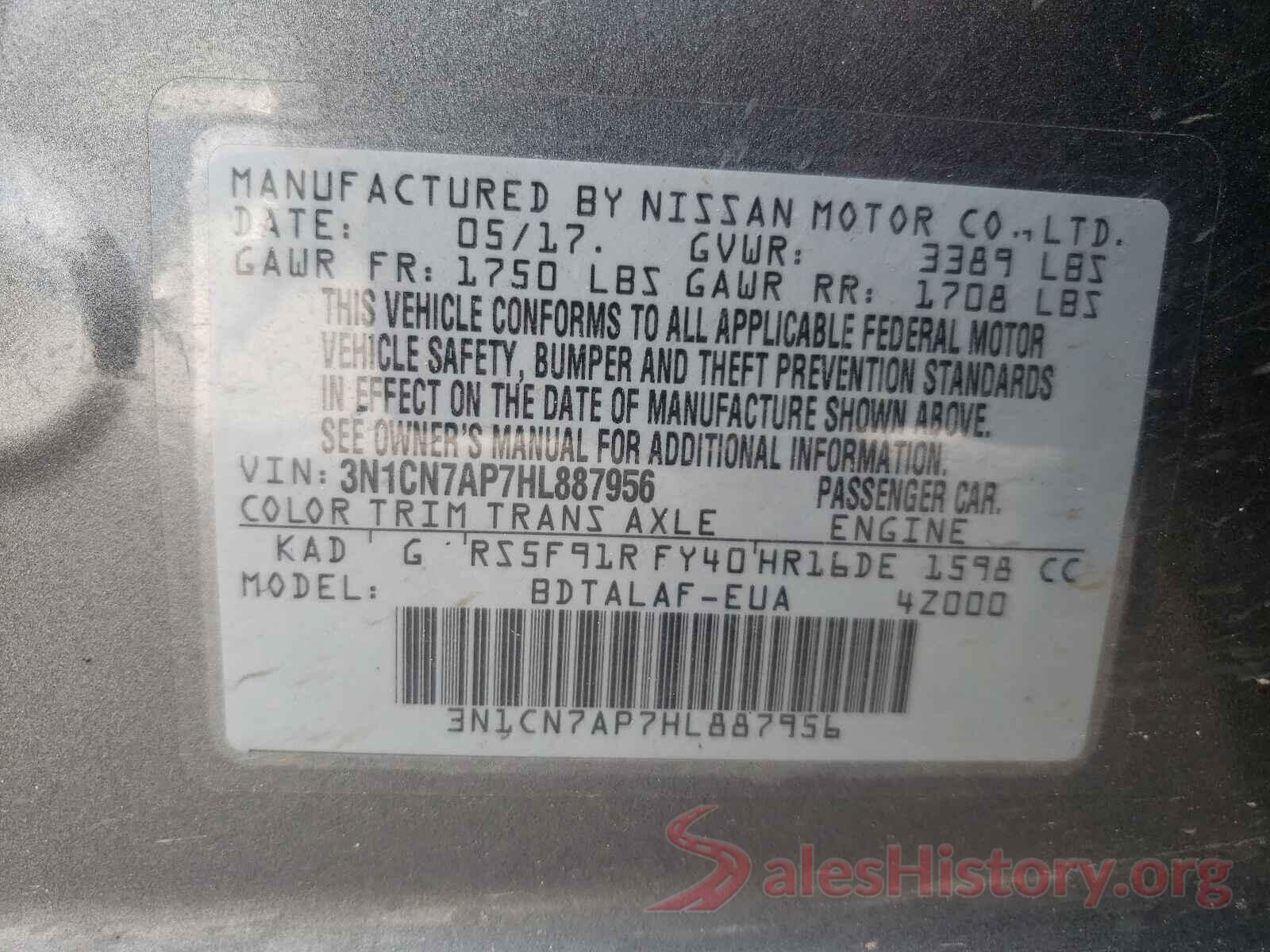 3N1CN7AP7HL887956 2017 NISSAN VERSA