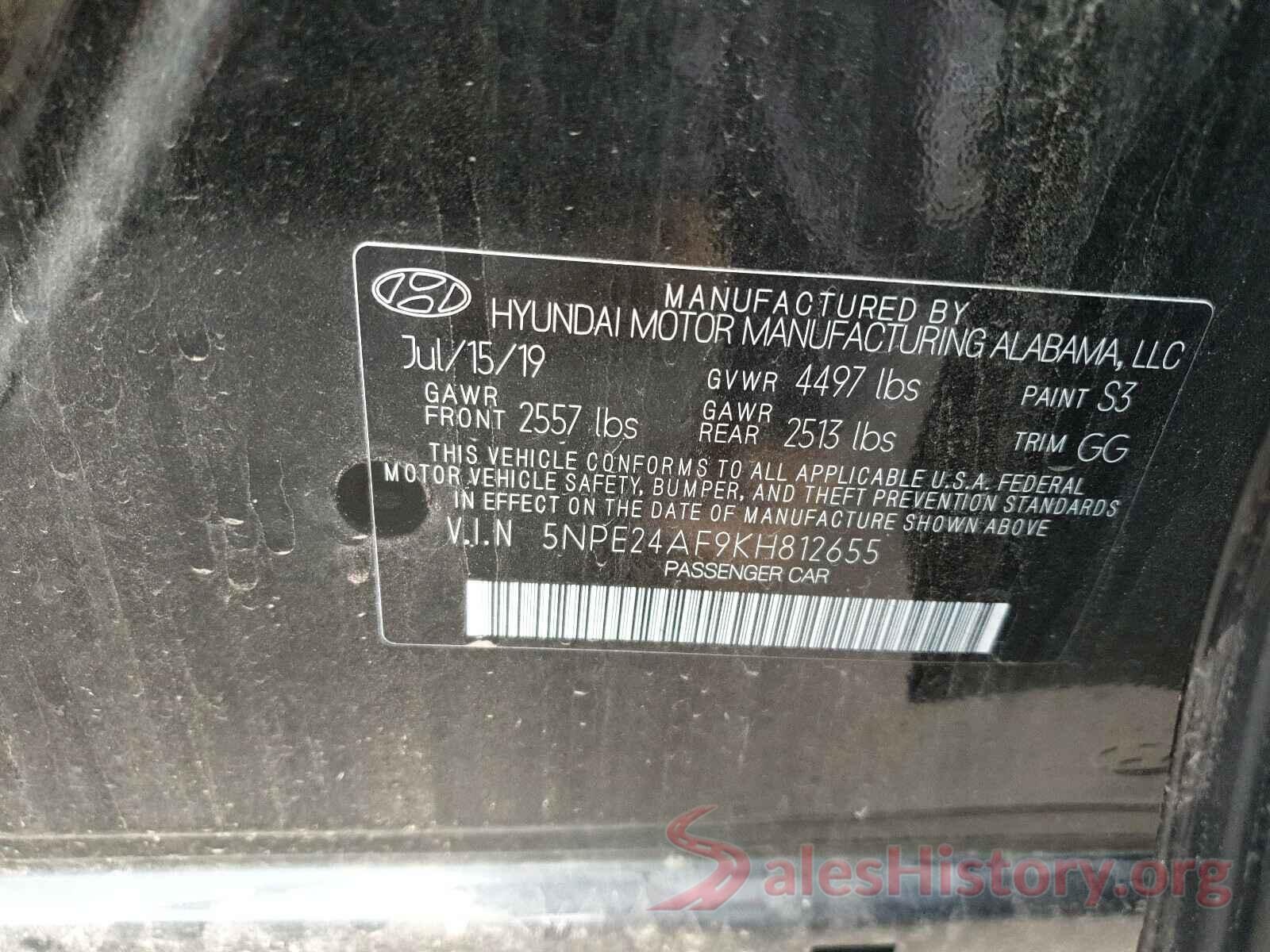 5NPE24AF9KH812655 2019 HYUNDAI SONATA