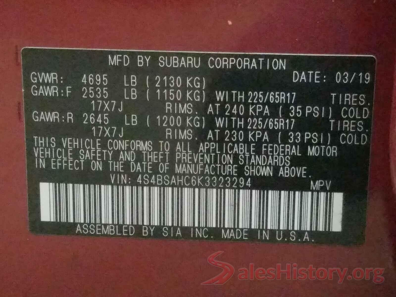 4S4BSAHC6K3323294 2019 SUBARU LEGACY