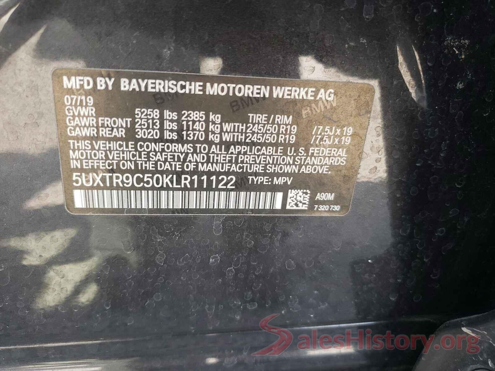 5UXTR9C50KLR11122 2019 BMW X3