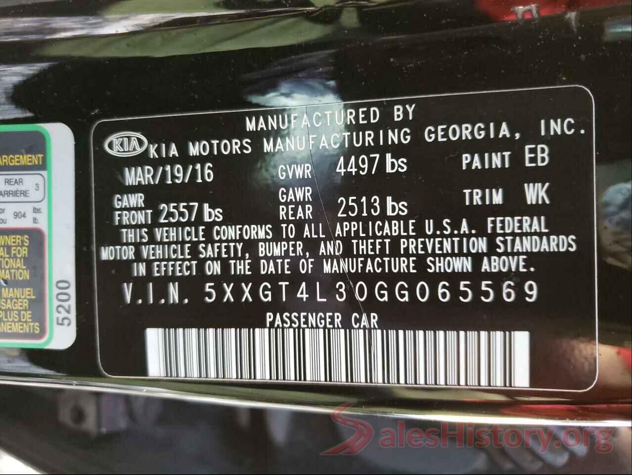 5XXGT4L30GG065569 2016 KIA OPTIMA