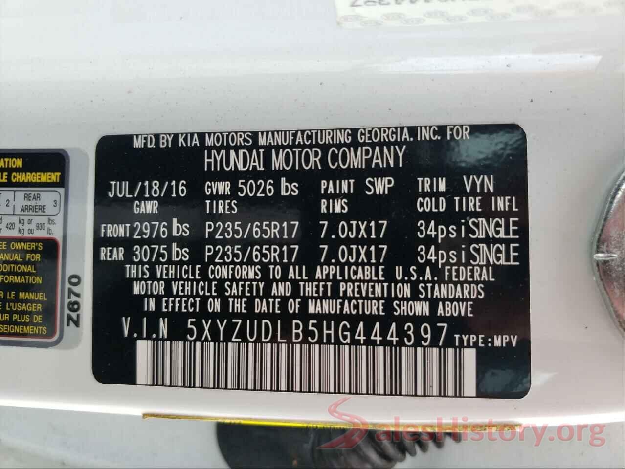 5XYZUDLB5HG444397 2017 HYUNDAI SANTA FE