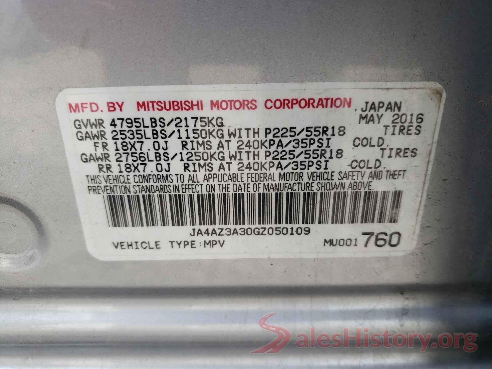 JA4AZ3A30GZ050109 2016 MITSUBISHI OUTLANDER