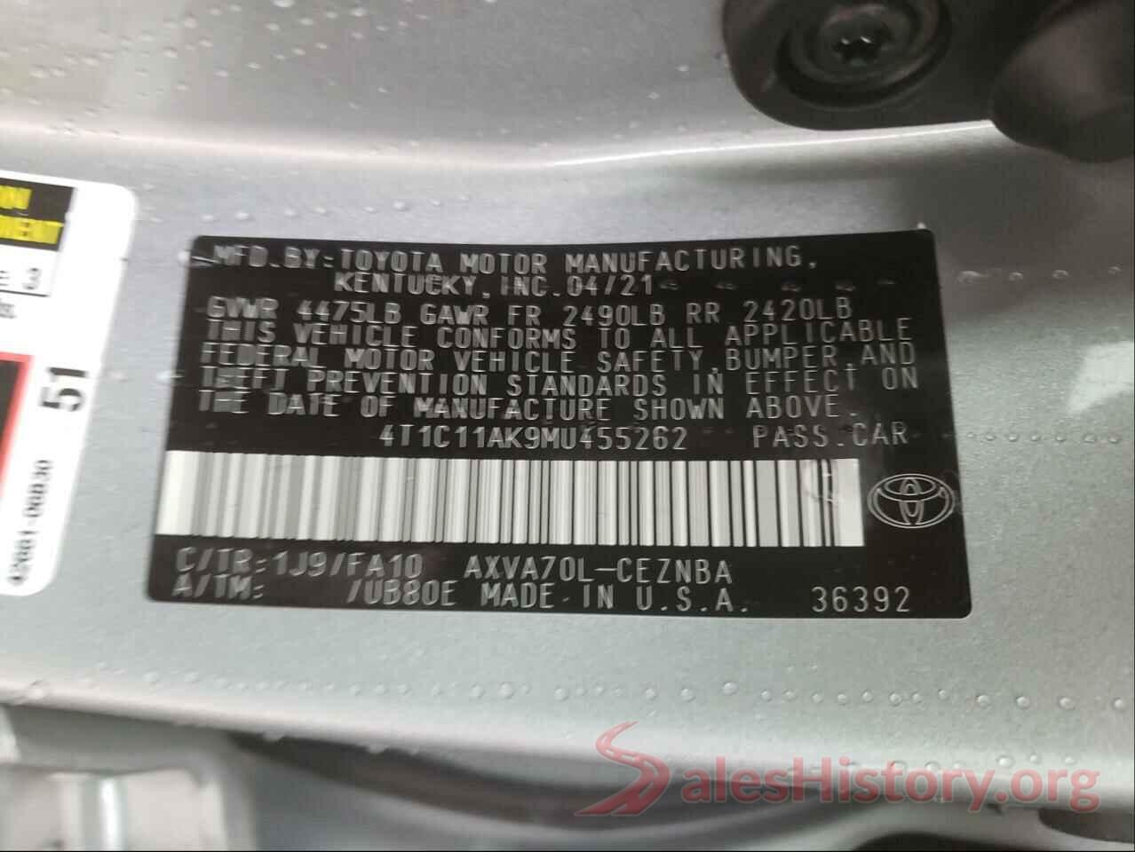 4T1C11AK9MU455262 2021 TOYOTA CAMRY