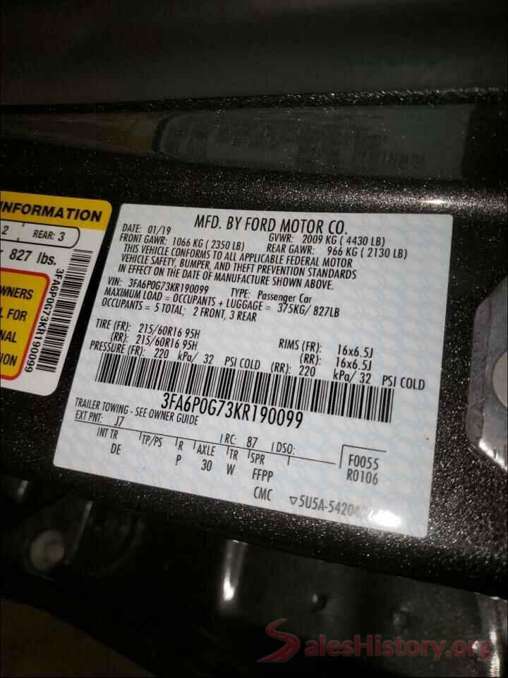 3FA6P0G73KR190099 2019 FORD FUSION