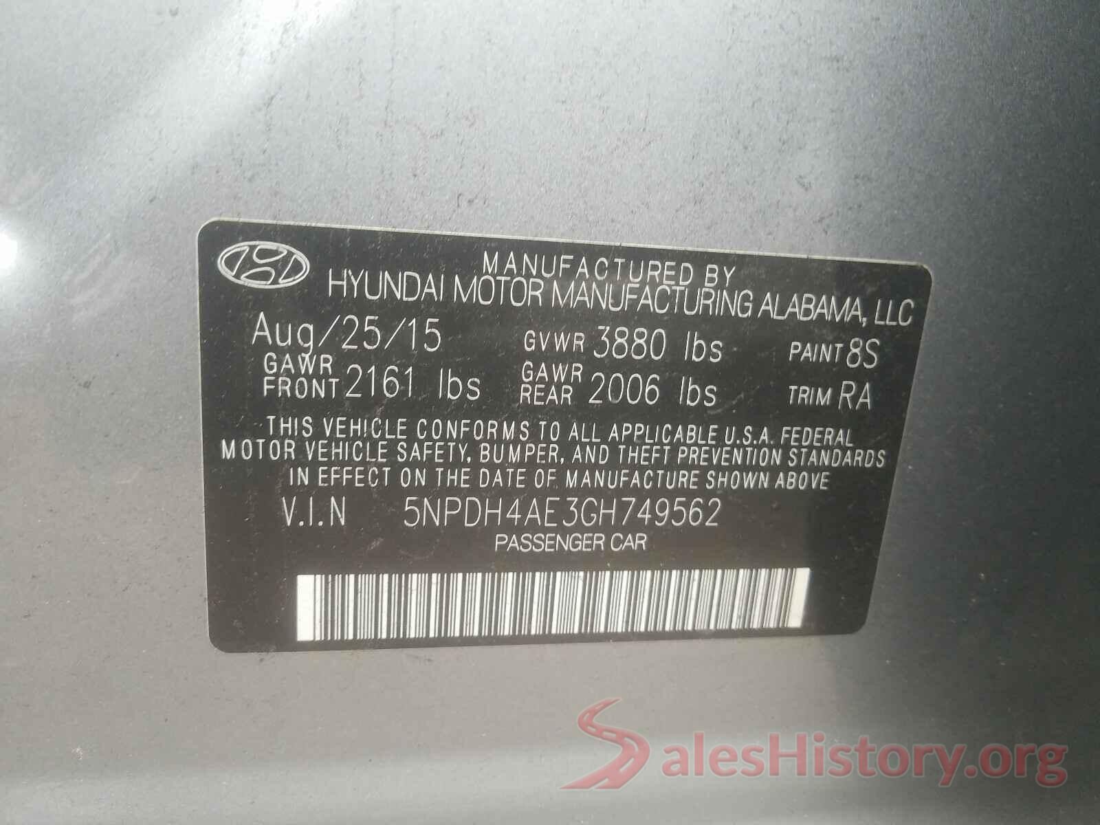 5NPDH4AE3GH749562 2016 HYUNDAI ELANTRA