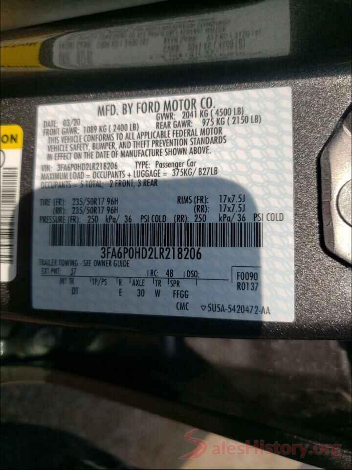 3FA6P0HD2LR218206 2020 FORD FUSION