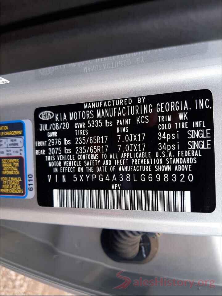 5XYPG4A38LG698320 2020 KIA SORENTO