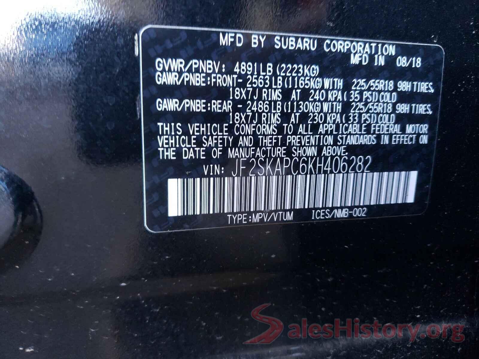 JF2SKAPC6KH406282 2019 SUBARU FORESTER