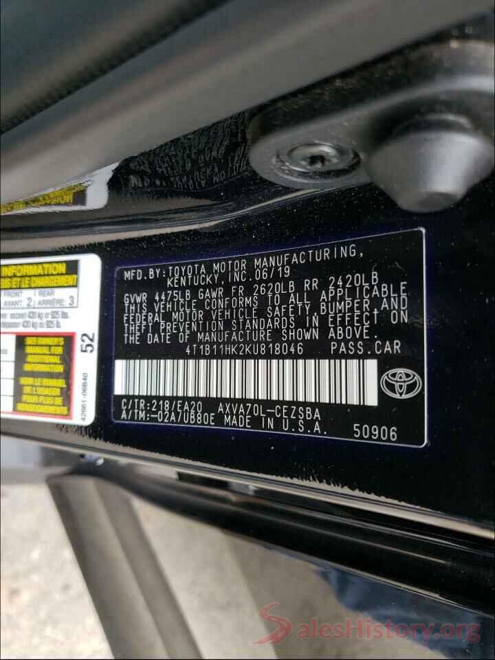 4T1B11HK2KU818046 2019 TOYOTA CAMRY