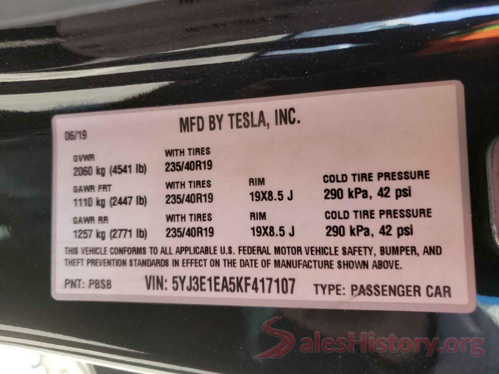 5YJ3E1EA5KF417107 2019 TESLA MODEL 3