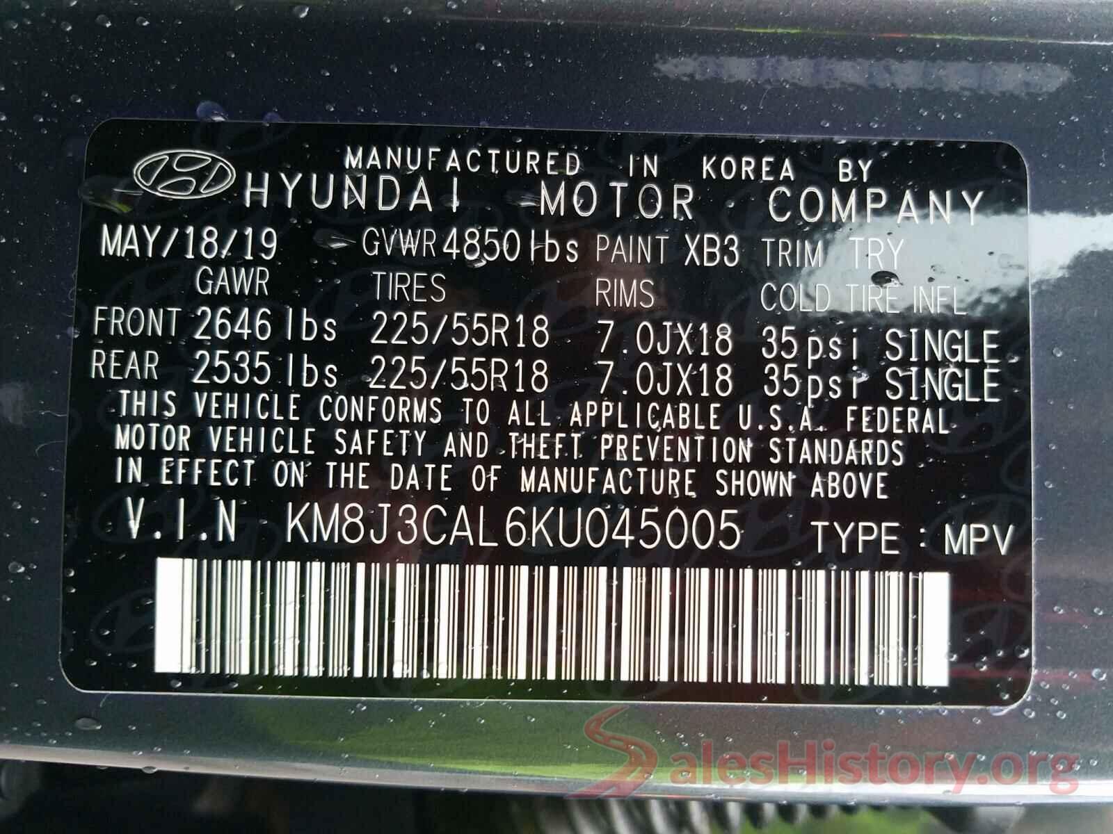 KM8J3CAL6KU045005 2019 HYUNDAI TUCSON