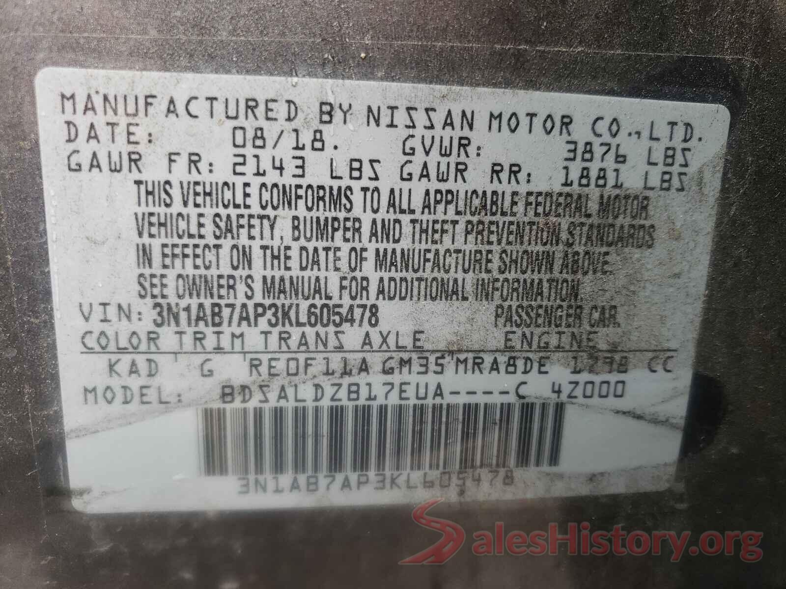 3N1AB7AP3KL605478 2019 NISSAN SENTRA