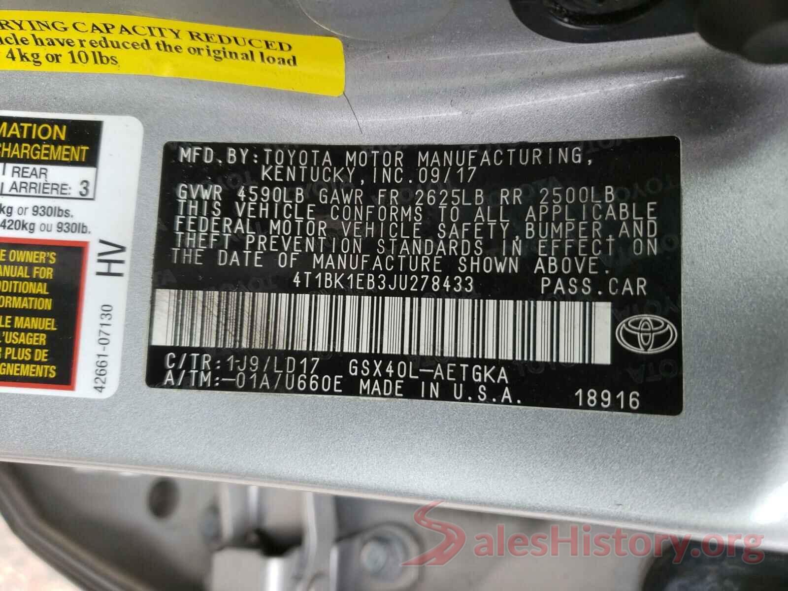 4T1BK1EB3JU278433 2018 TOYOTA AVALON