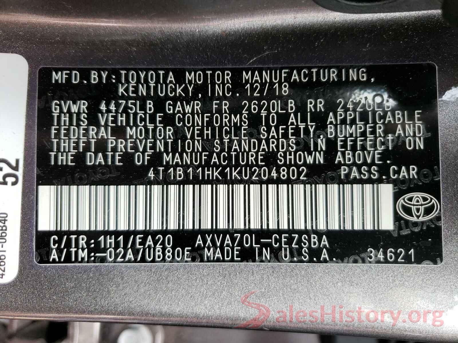 4T1B11HK1KU204802 2019 TOYOTA CAMRY