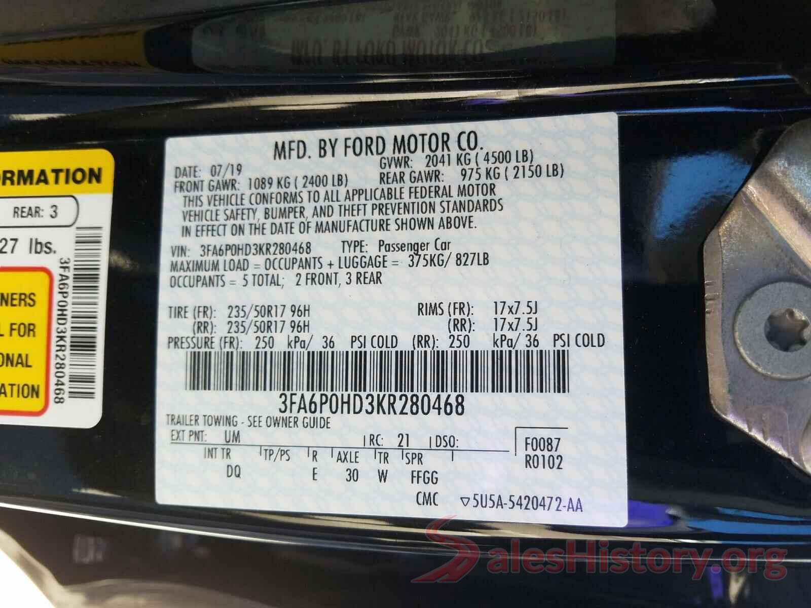 3FA6P0HD3KR280468 2019 FORD FUSION