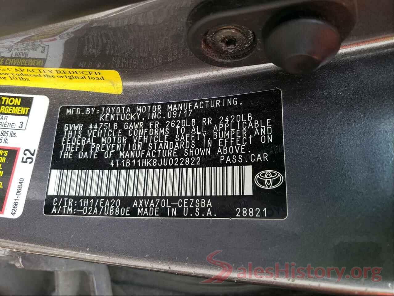 4T1B11HK8JU022822 2018 TOYOTA CAMRY