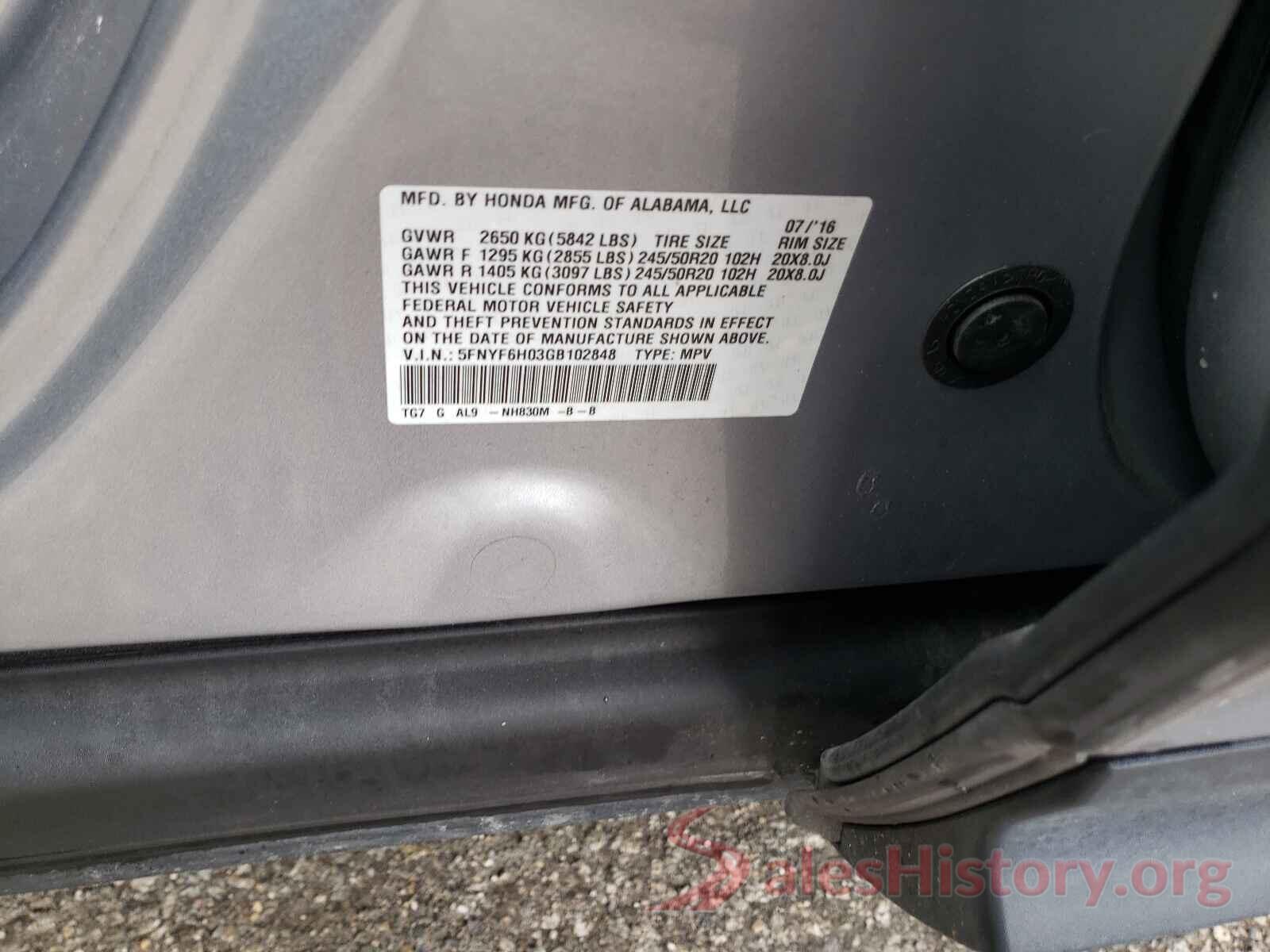 5FNYF6H03GB102848 2016 HONDA PILOT