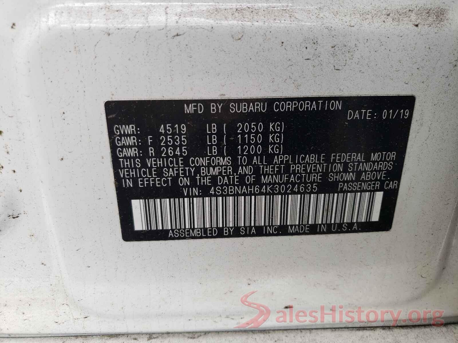 4S3BNAH64K3024635 2019 SUBARU LEGACY