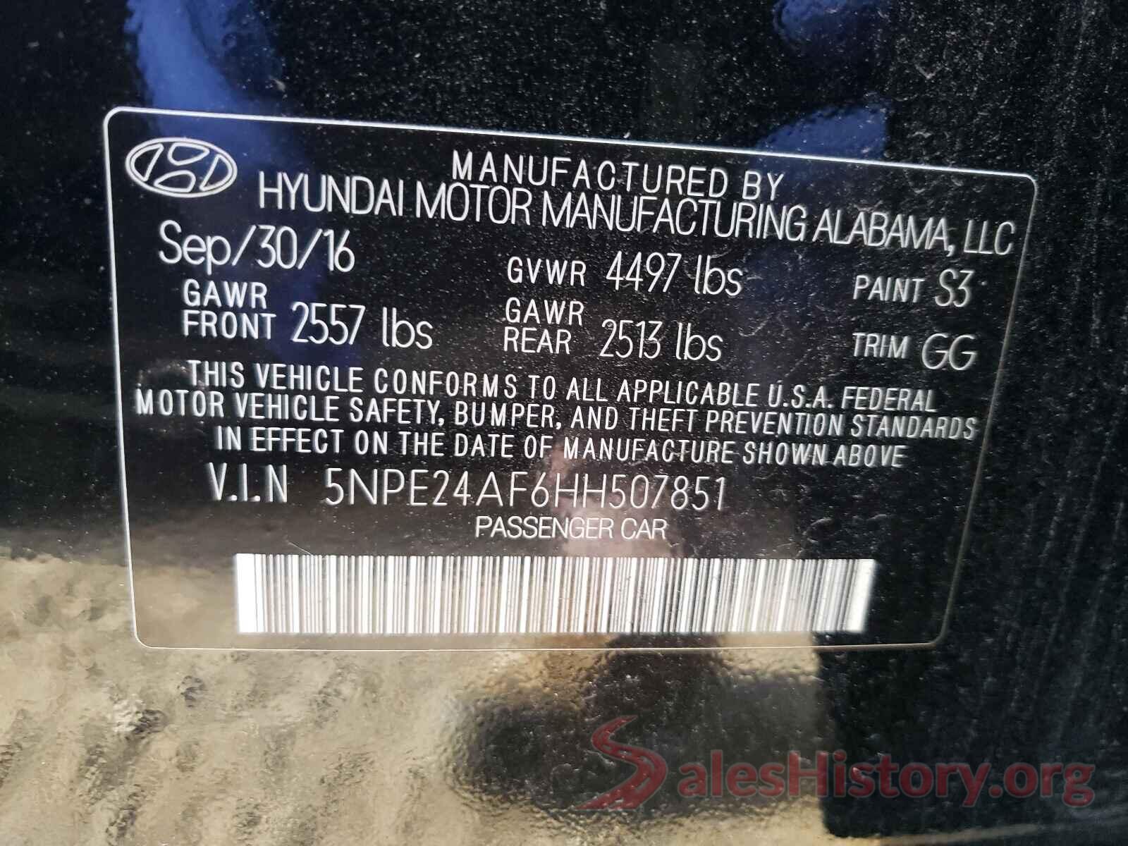 5NPE24AF6HH507851 2017 HYUNDAI SONATA