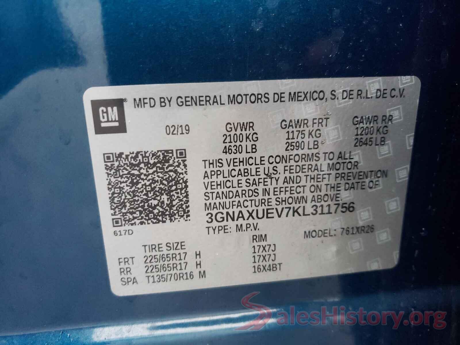 3GNAXUEV7KL311756 2019 CHEVROLET EQUINOX