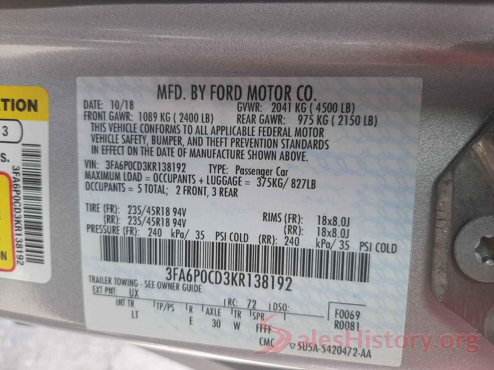 3FA6P0CD3KR138192 2019 FORD FUSION