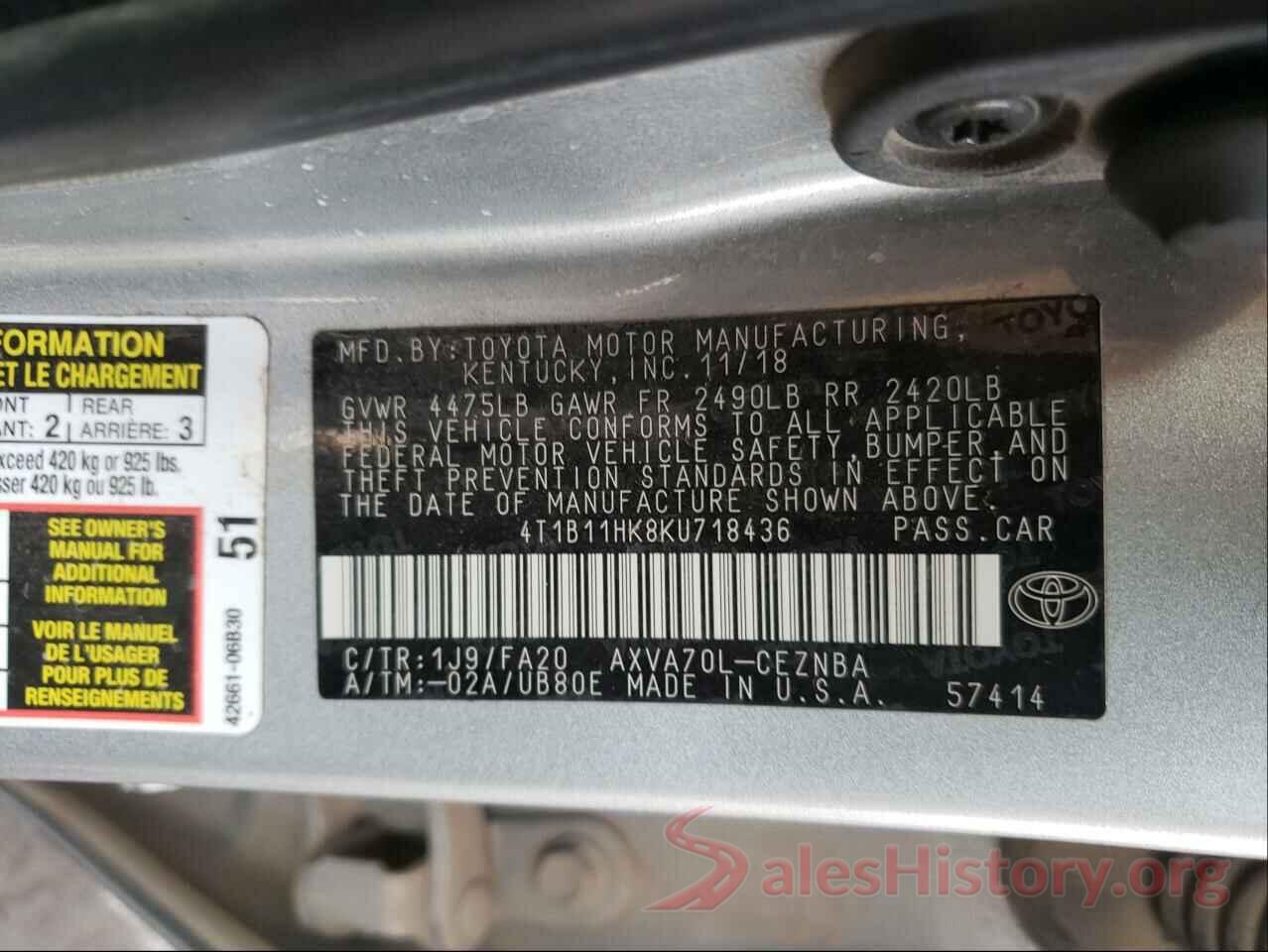 4T1B11HK8KU718436 2019 TOYOTA CAMRY