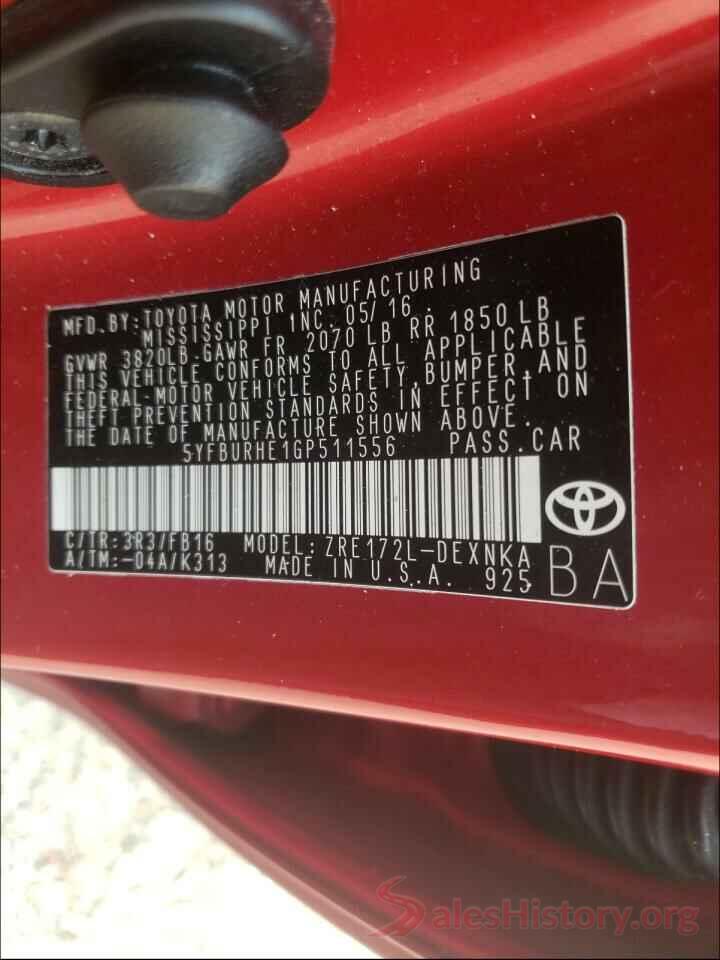 5YFBURHE1GP511556 2016 TOYOTA COROLLA