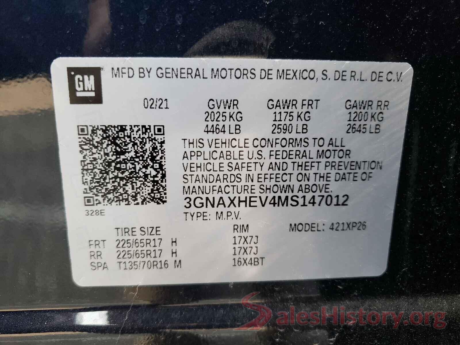 3GNAXHEV4MS147012 2021 CHEVROLET EQUINOX