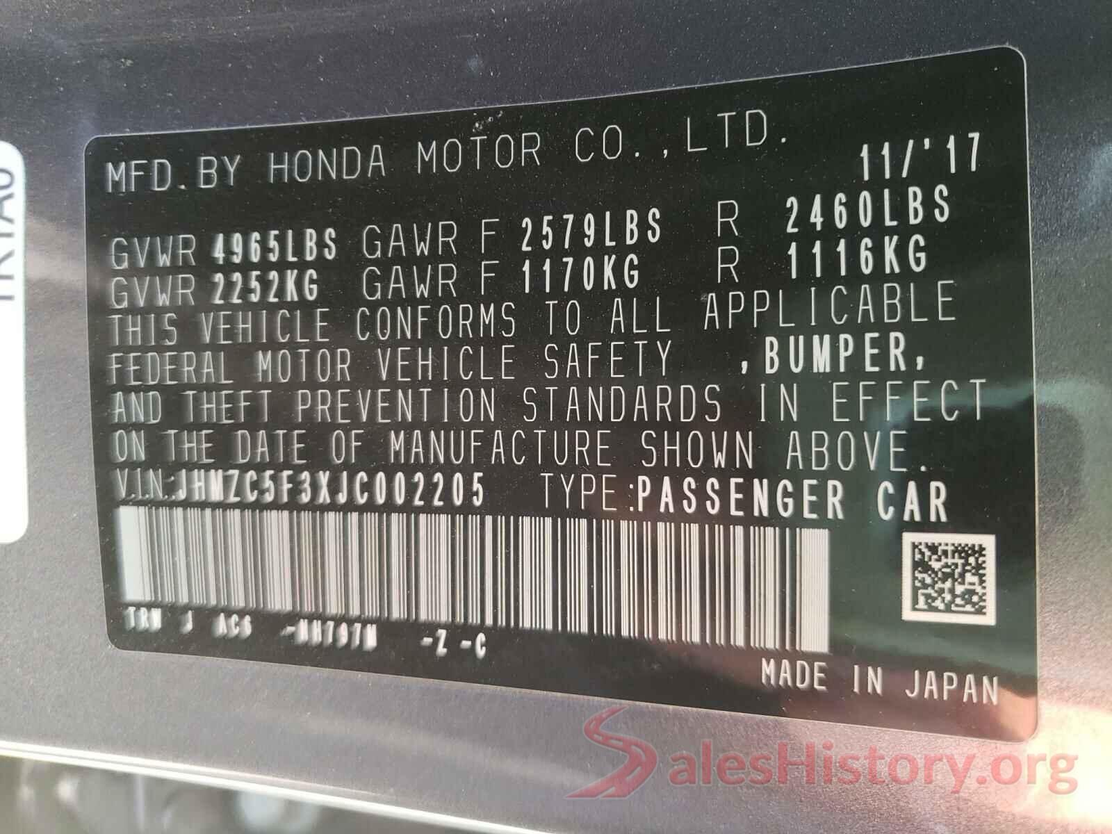 JHMZC5F3XJC002205 2018 HONDA CLARITY