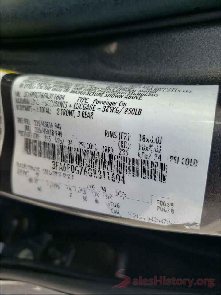 3FA6P0G76GR311604 2016 FORD FUSION