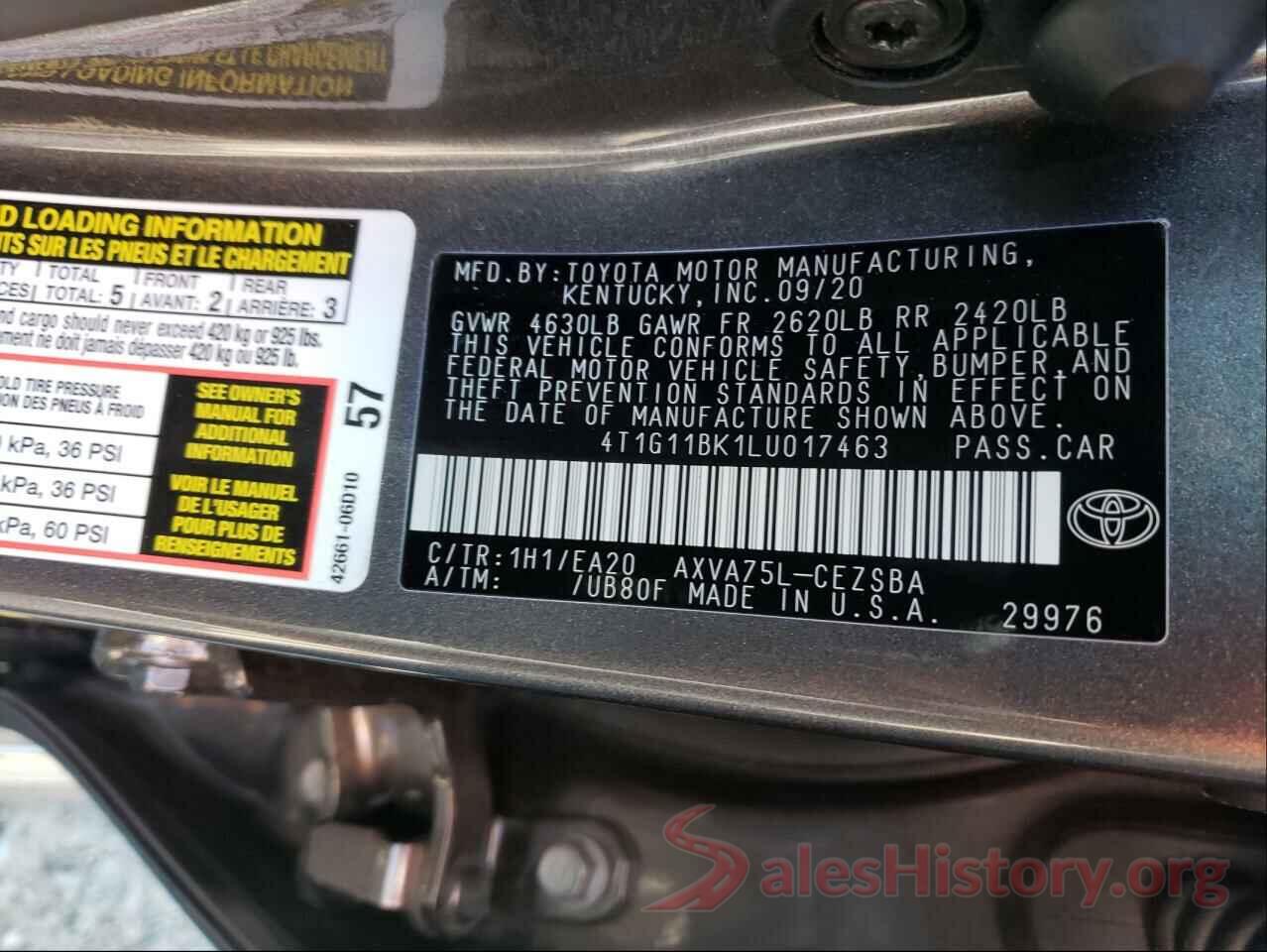 4T1G11BK1LU017463 2020 TOYOTA CAMRY