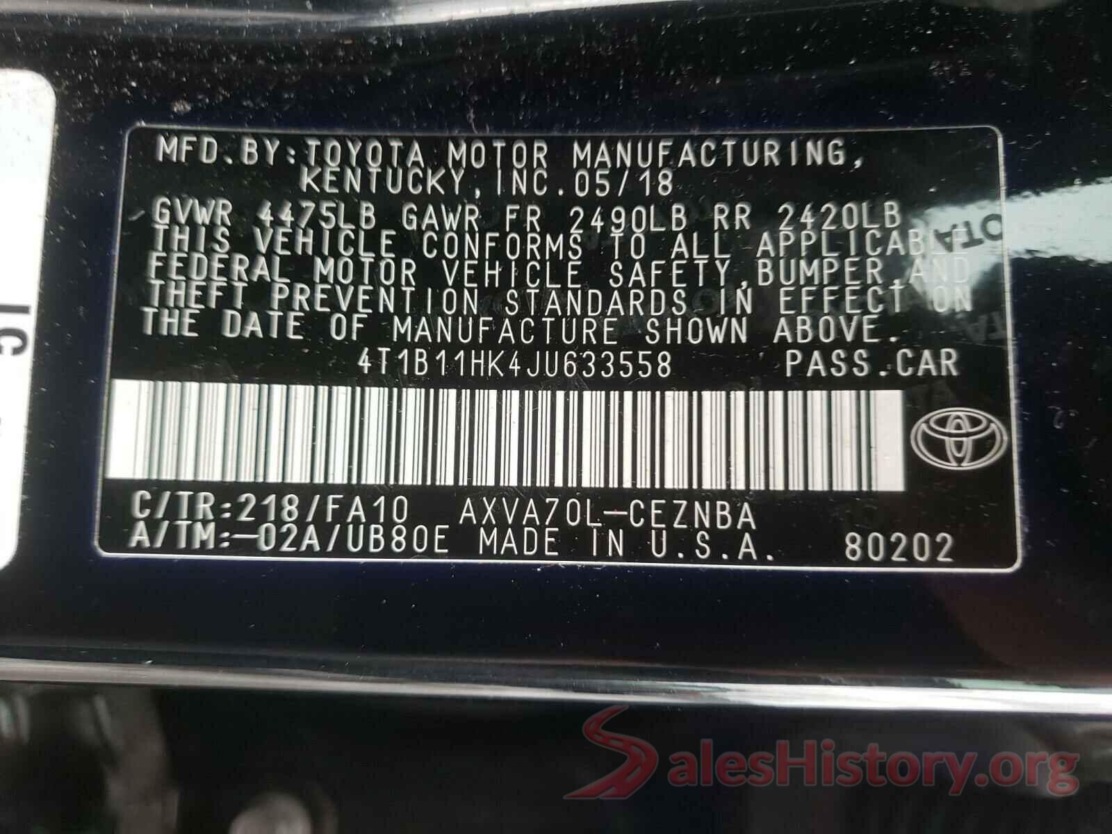 4T1B11HK4JU633558 2018 TOYOTA CAMRY