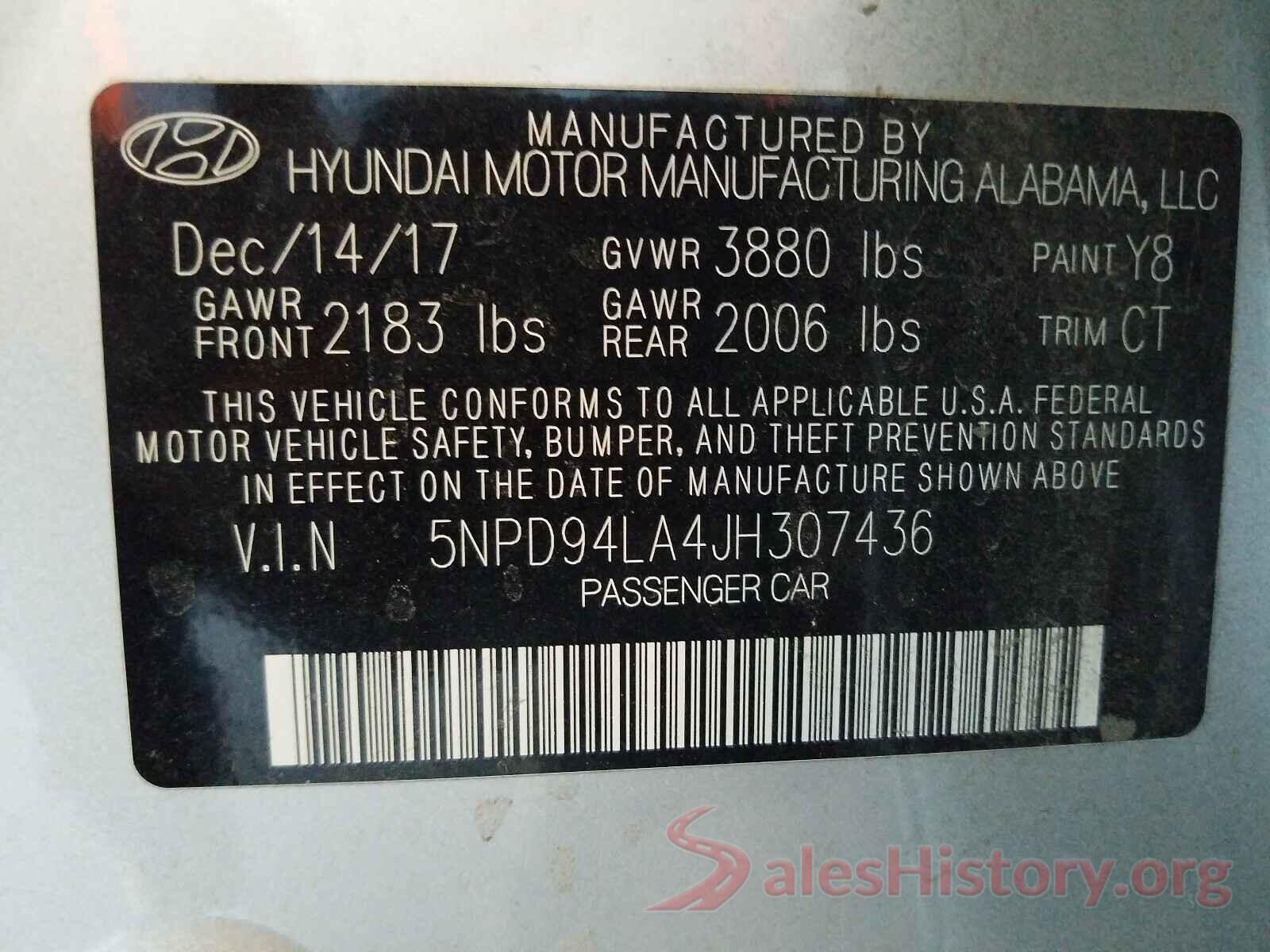 5NPD94LA4JH307436 2018 HYUNDAI ELANTRA